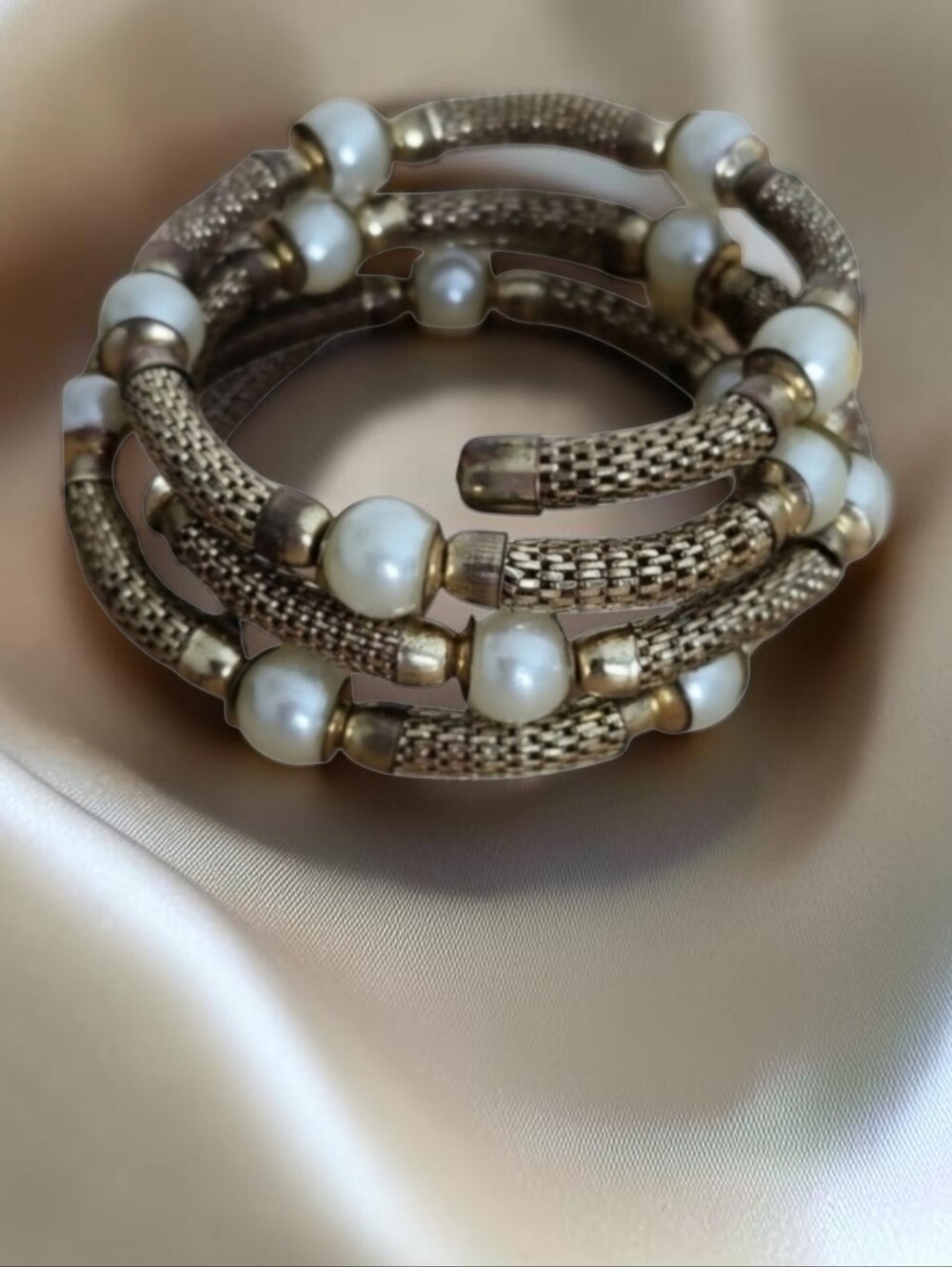 Vintage 80s Gold Tone Mesh Coil Wrap Bracelet with Faux Pearls - Picture 2 of 4